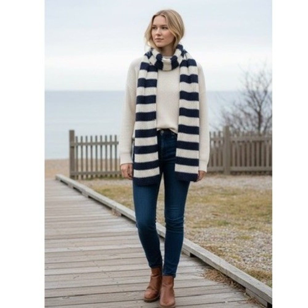 "Wooden Ships" Navy & Cream Striped Mohair Wool Blend Knit Long Scarf Nautical